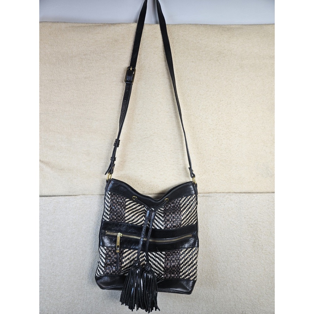 Elliott Lucca Woven Leather Bucket Crossbody Purse Boho Tassel Black Brown Bag